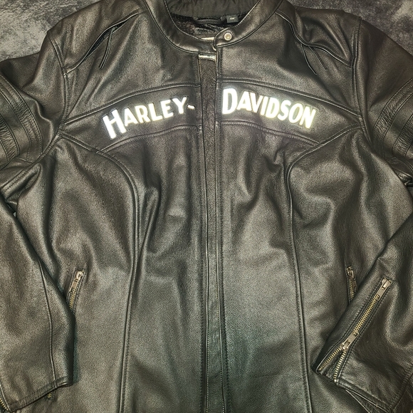 Women's Black Leather Harley Jacket, Size 2W - Picture 1 of 5